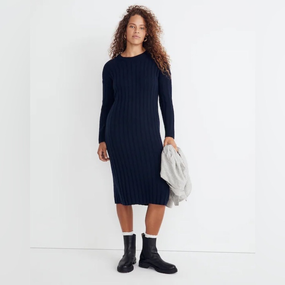 New Madewell Sz XL Re)sourced Ribbed Midi Sweater Dress NAVY